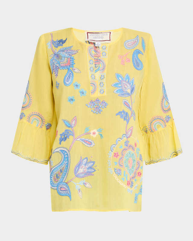 Embroidered Ruffle Bell-Sleeve Blous